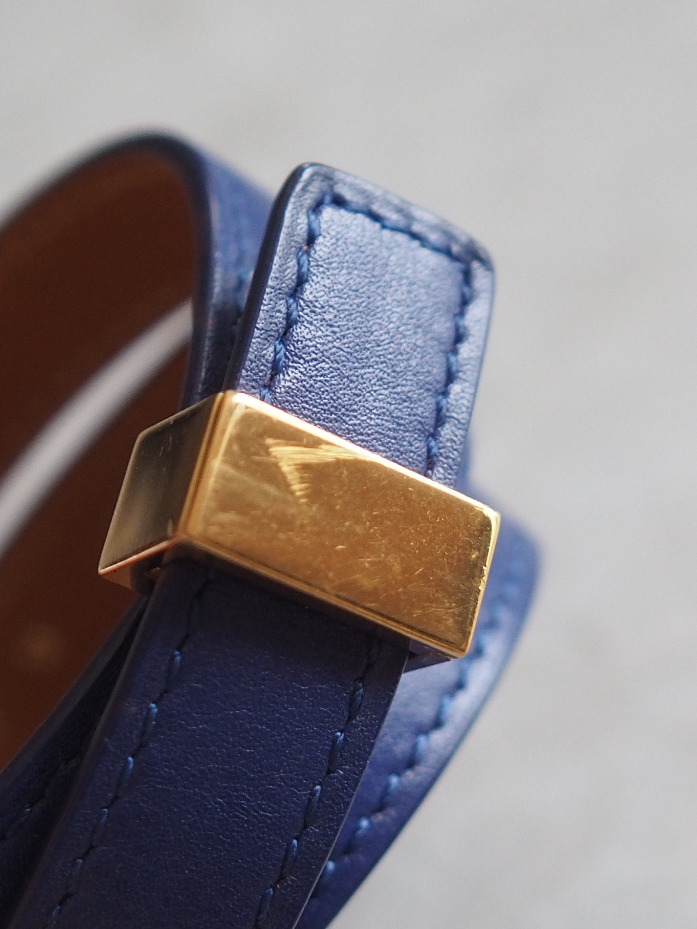 CELINE Bracelet Bangle Leather Blue Gold Color Vintage Authentic