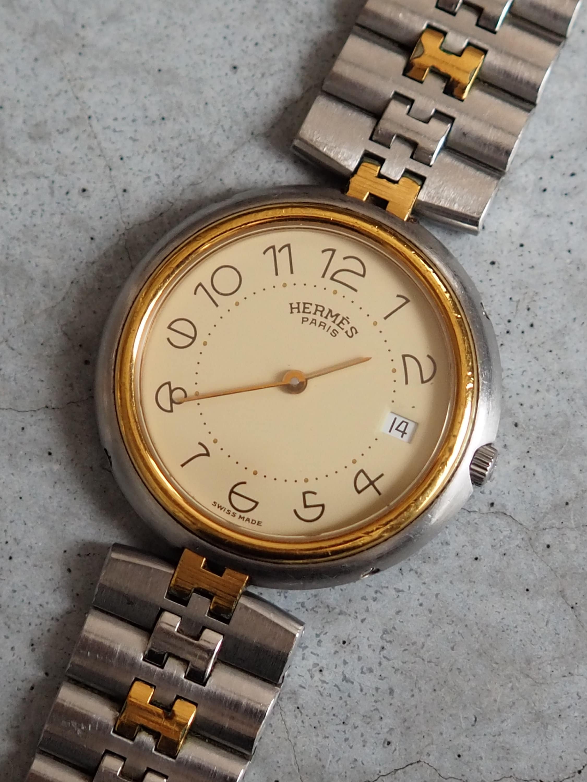 HERMES Profile Combi Date Wristwatch Watche Stainless Steel Unisex Silver Gold Quartz Vintage Authentic