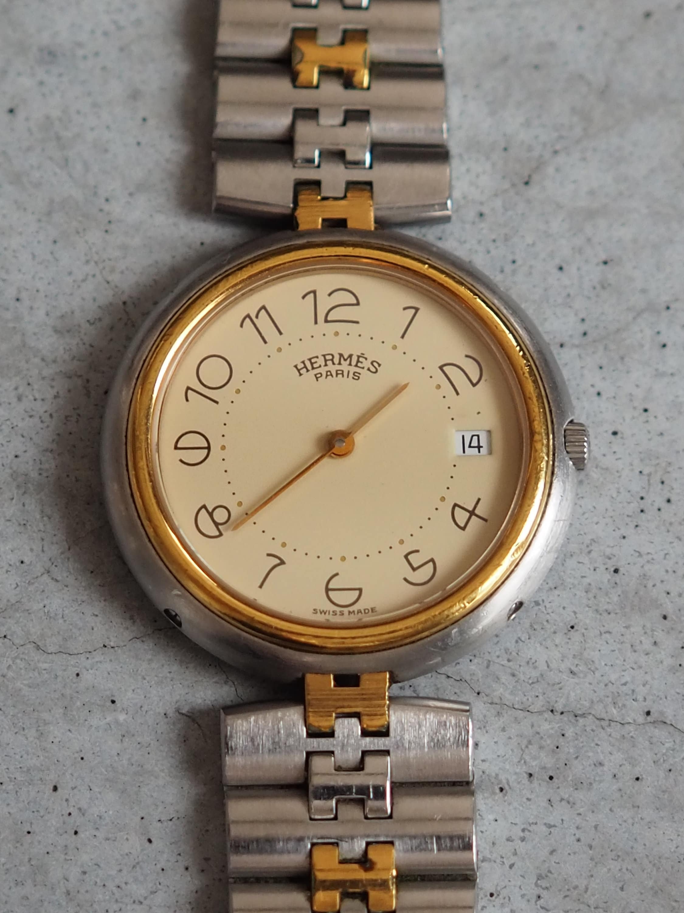 HERMES Profile Combi Date Wristwatch Watche Stainless Steel Unisex Silver Gold Quartz Vintage Authentic