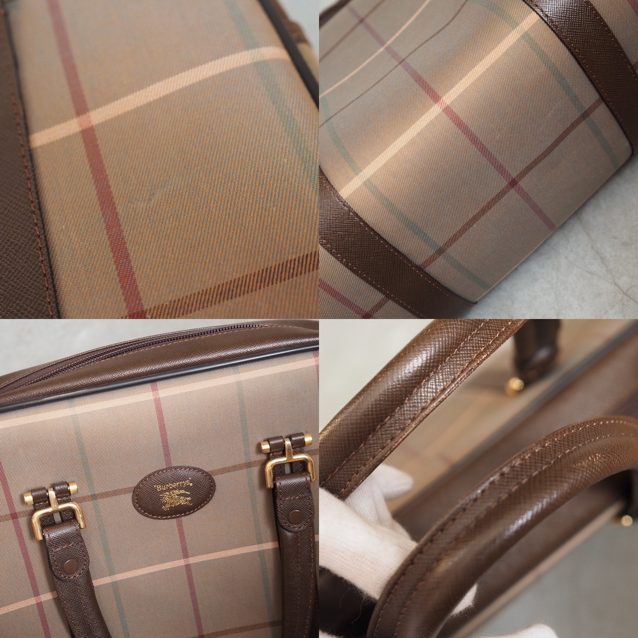 BURBERRY Nova Check Boston Bag Handbag Green Brown Canvas Leather Vintage Authentic