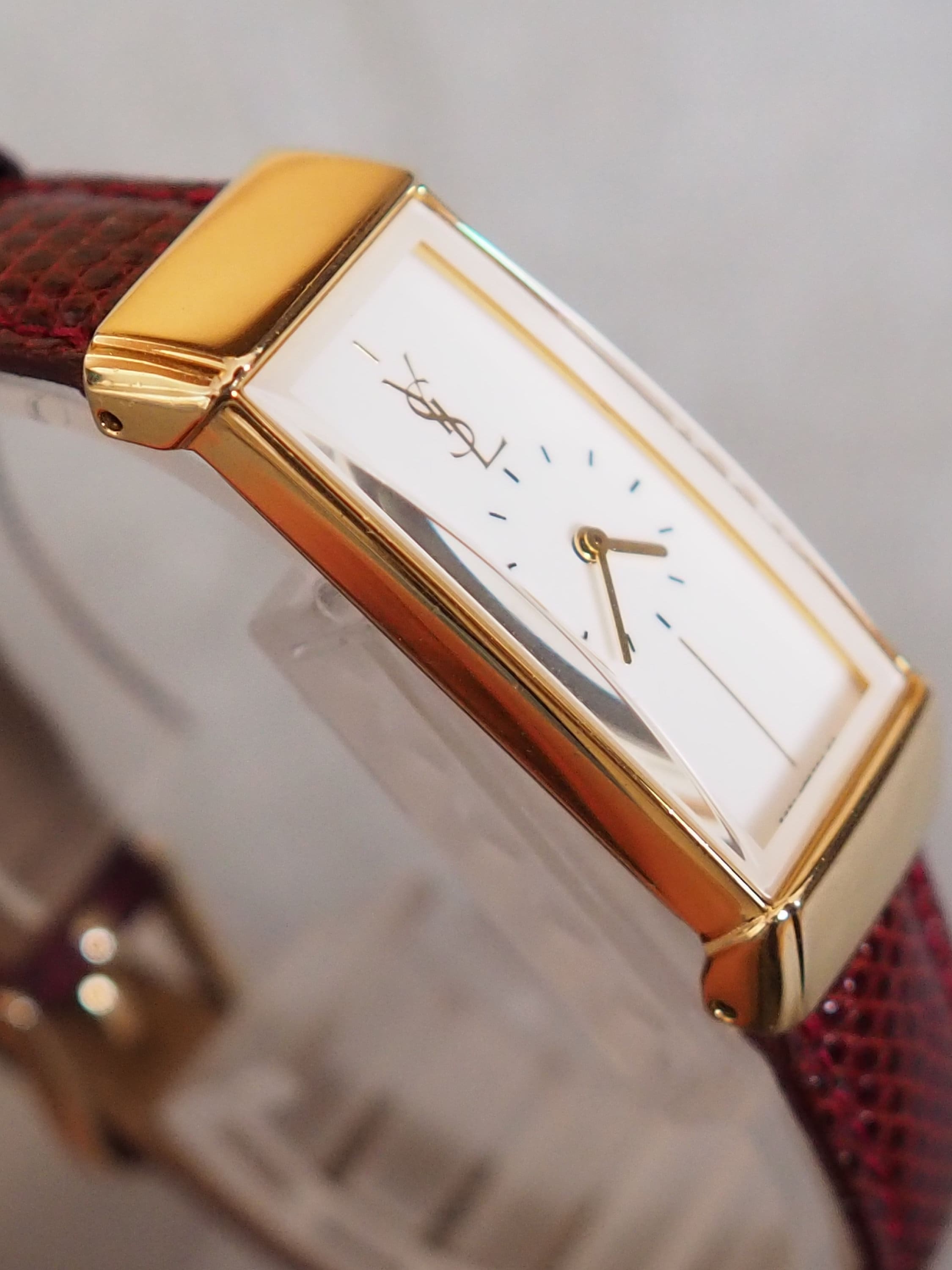 Yves Saint Laurent YSL Square Watch Wristwatch Logo Gold color Stainless steel Leather Authentic