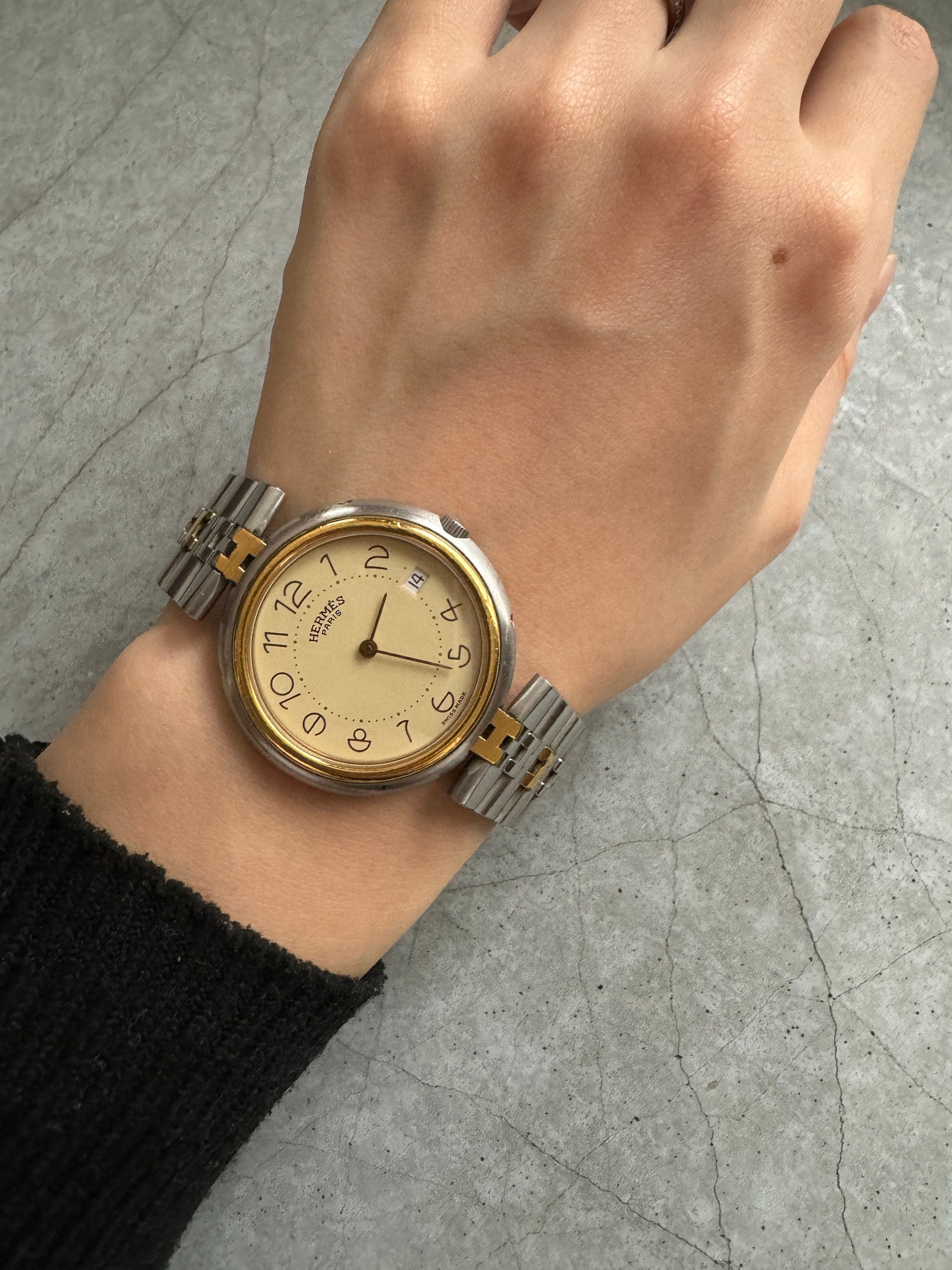 HERMES Profile Combi Date Wristwatch Watche Stainless Steel Unisex Silver Gold Quartz Vintage Authentic