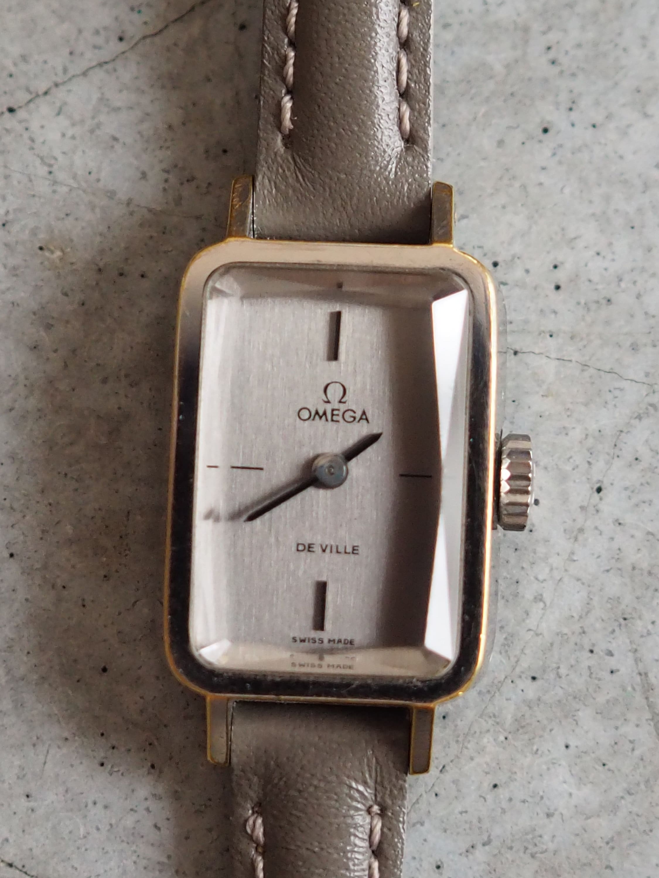 OMEGA DE VILLE Watch Silver Color Stainless steel Gray Leather Ladies Vintage Antique Authentic